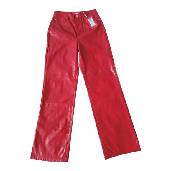 Glossy Red Straight Leg Faux Leather Pants - Picture 8 of 13